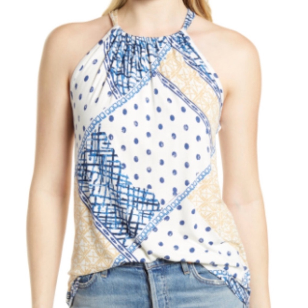 Blue and Cream Patterned Halter Tank Top